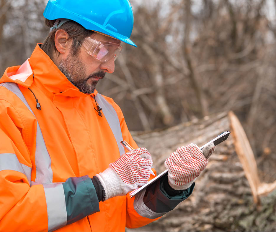 A worker writing notes